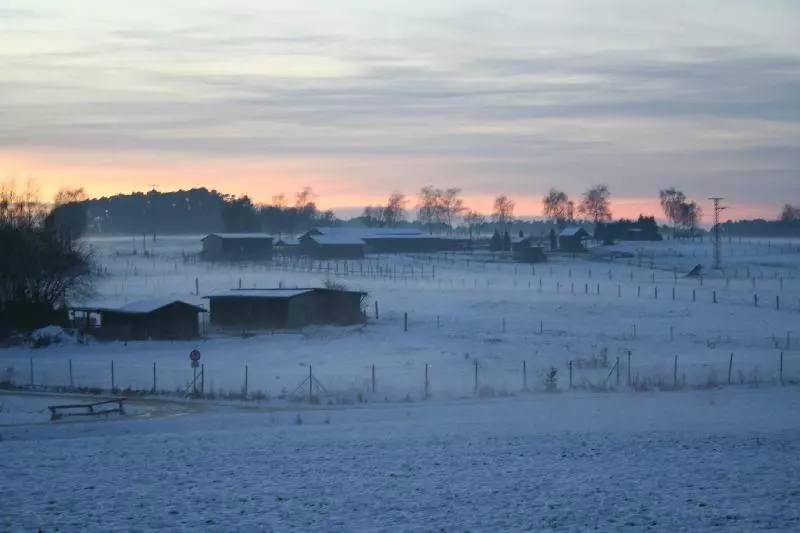 Verschneite Winterlandschaft mit Feld und Gebäuden (Symbolbild)
